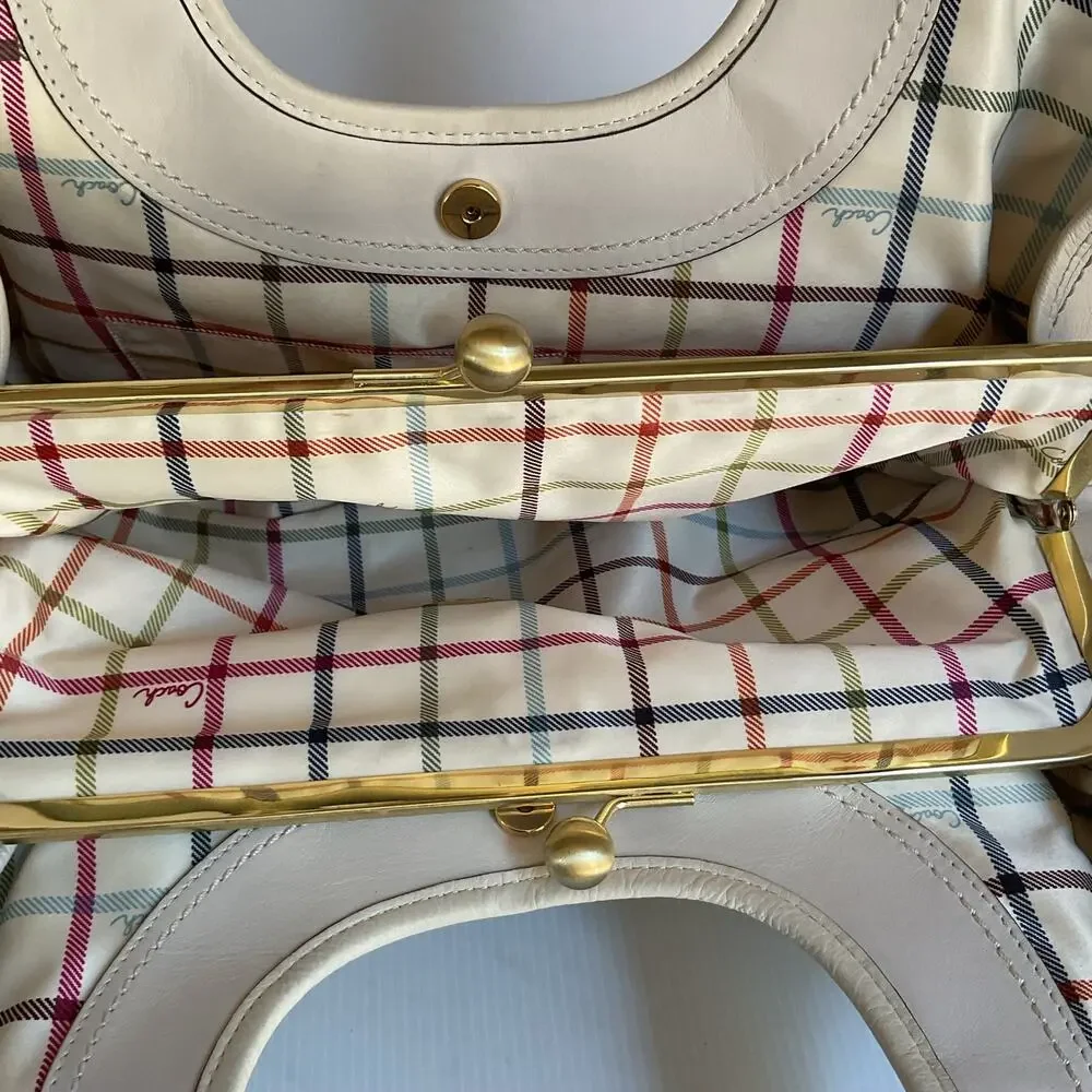 Vintage Coach Ergo 12248 Pleated Kisslock Cream Leather Satchel Y2K